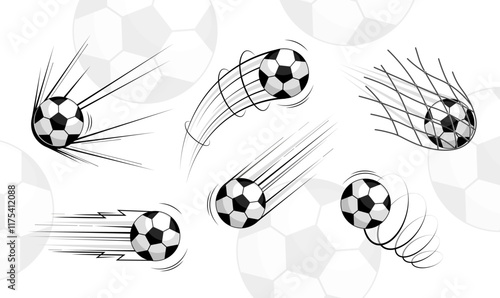 Set of hand drawn football ball. Sports leather equipment. Active lifestyle and team sports. Football and soccer. Logo and emblem. Flat vector collection isolated on white background