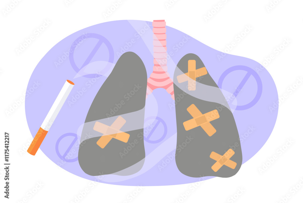 Fototapeta premium Sick lungs and cigarette. Black lungs in patches near cigarette smoke. Asthma and tuberculosis, disease of respiratory system. Unhealthy lifestyle and bad habits. Flat vector illustration