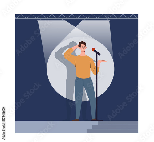 Stand up show. Man with microphone stands on stage in spotlight. Comedian tells jokes. Performance and comic show. Fun and entertainment. Comedian concert. Flat vector illustration