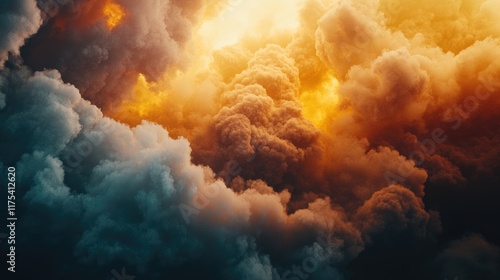 Dramatic cloudscape of fiery orange and dark teal. Perfect for backgrounds, posters, or book covers evoking intensity and awe. photo