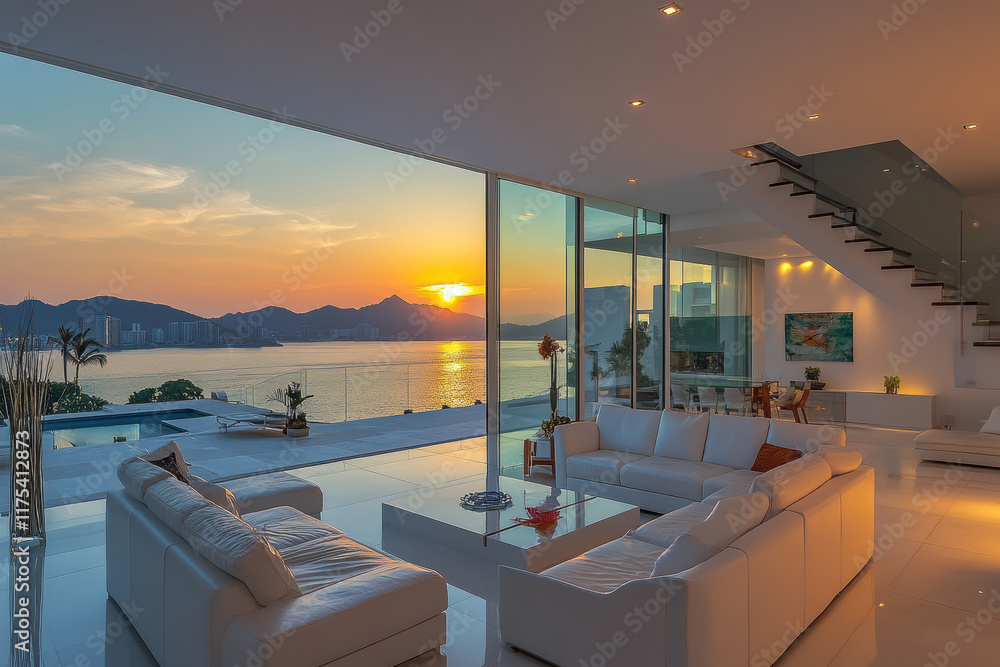 Fototapeta premium stunning sunset view from modern living room with large glass windows