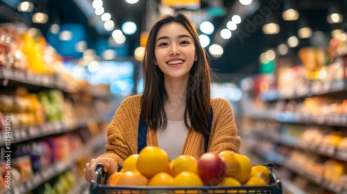 Happy Woman Shopping For Fresh Fruits In Grocery Store photo