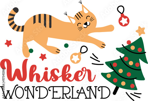 Whisker Wonderland. Festive lettering design with cat character and Christmas tree. Vector Illustration.
