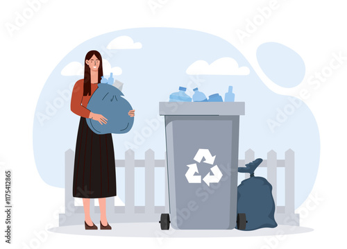 Woman throwing out trash. Young girl with bag of plastic near trash can. Zero waste and sustainable lifestyle. Caring for nature and environment, cleanliness. Flat vector illustration