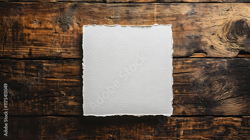 Close-up of a blank white sheet of paper with torn edges lying on dark brown wooden planks photo