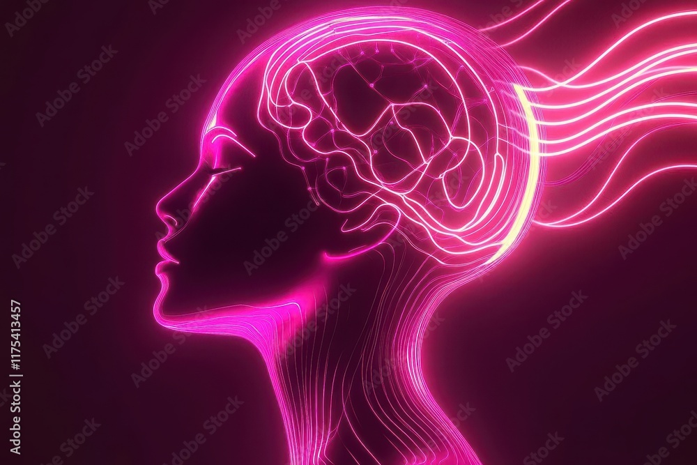 A glowing silhouette head with dynamic, swirling neon light lines, representing AI and neural networks, futuristic visualization, sleek A glowing silhouette head with dynamic, swirling neon light lines, representing AI and neural networks, futuristic visualization, sleek