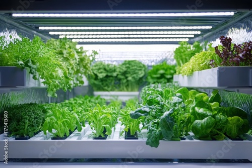 Fototapeta Naklejka Na Ścianę i Meble -  Fresh green leafy vegetables growing in a modern indoor hydroponic farm under LED lights, promoting sustainable and efficient agriculture. Copy space
