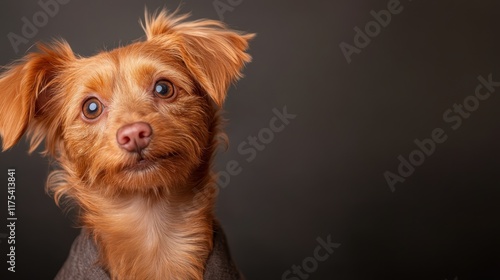 A charming dog poses with a curious head tilt against a muted gray background, highlighting its rustic fur and deep, inquisitive eyes in a polished photo shoot. photo