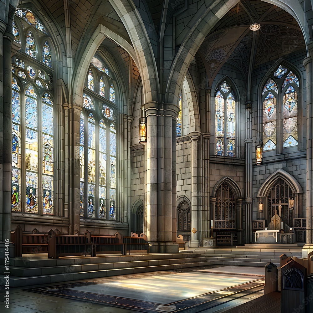 Fototapeta premium there is a large cathedral with a lot of windows and a pew