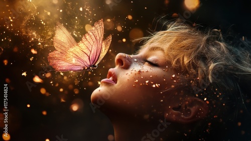 A magical image captures a glowing, ethereal butterfly hovering near a young girl's face, surrounded by whimsical light sparkles and a dreamy atmospheric background. photo