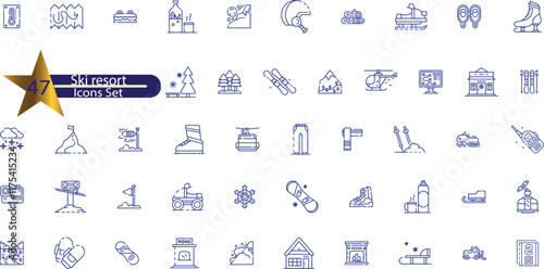  icons related to skiing. Linear icon collection. Editable stroke.