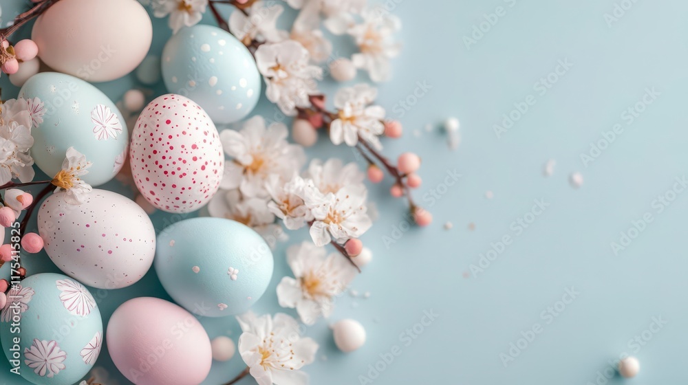 Pastel Easter eggs nestled in spring blossoms, a delightful Easter scene. Pastel Easter eggs nestled in spring blossoms, a delightful Easter scene.