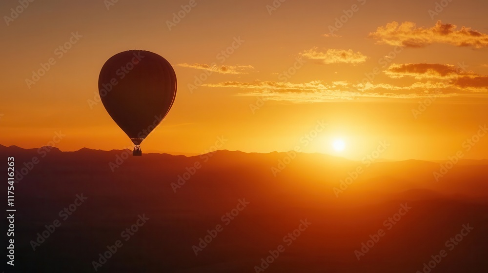 Naklejka premium A hot air balloon ride over a sunset, blank area for captions, vacation adventure graphic, magical
