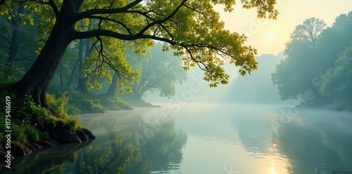Wallpaper Mural Misty morning on river with overhanging branches, branch, peaceful, foliage Torontodigital.ca