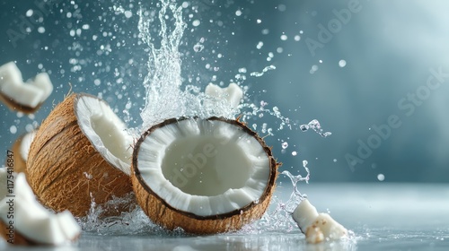 Image capturing the vibrant splash of coconut water, showing a fresh coconut cut open, demonstrating the refreshing and invigorating nature of tropical fruits. photo