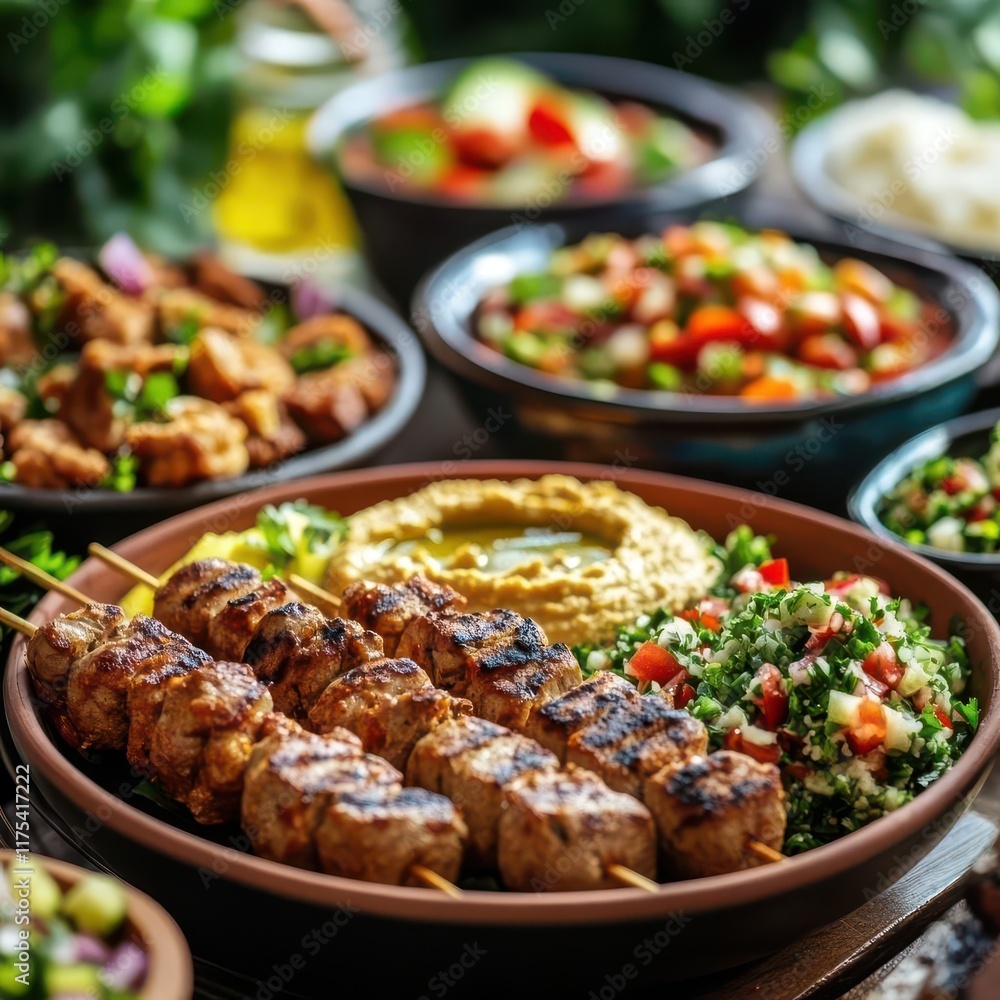 Grilled Skewers with Hummus, Tabbouleh, and Salad Grilled Skewers with Hummus, Tabbouleh, and Salad