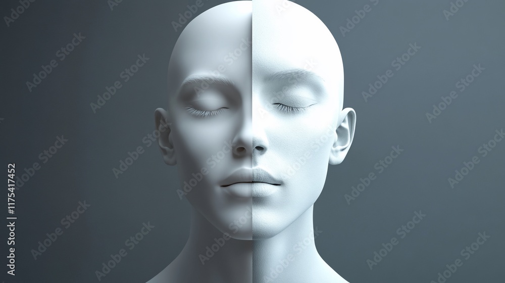 A stylized half-face sculpture representing a serene, neutral expression. A stylized half-face sculpture representing a serene, neutral expression.