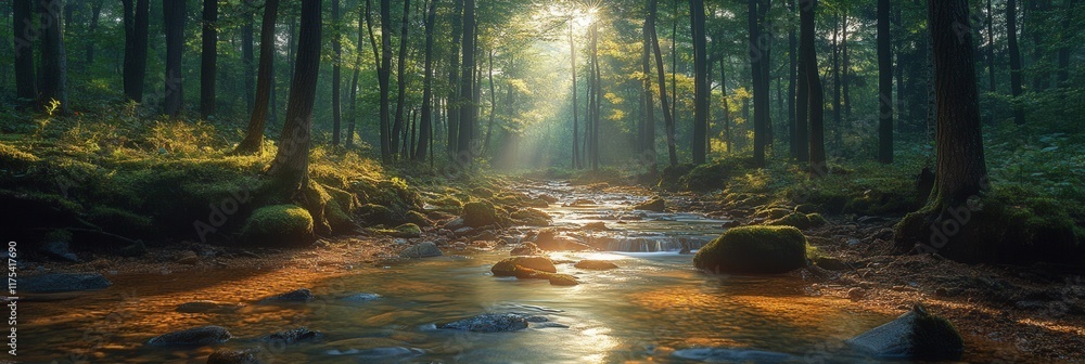 Naklejka premium Sunlit Forest Stream, a vibrant forest scene with a flowing stream beneath dappled sunlight filtering through lush green leaves