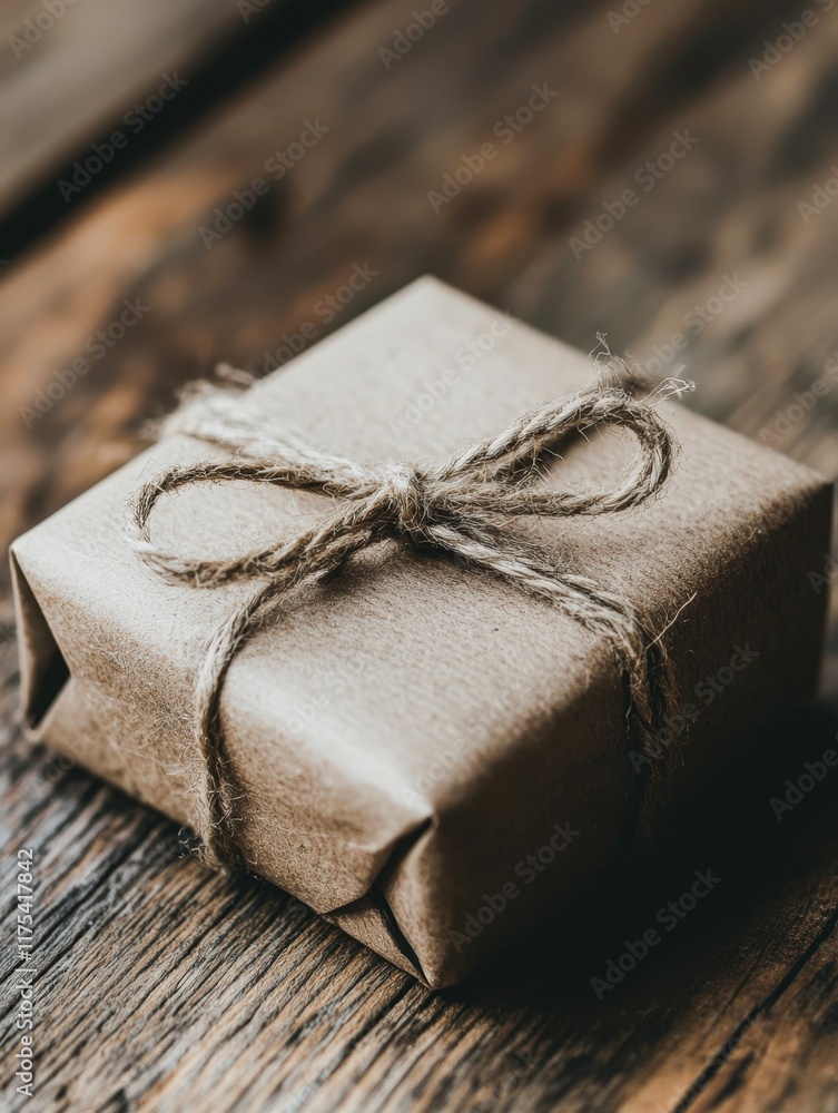 A neatly wrapped gift box adorned with twine sits on a rustic wooden surface, perfect for capturing the spirit of giving, ideal for holiday promotions, gift guides, or crafting articles, A neatly wrapped gift box adorned with twine sits on a rustic wooden surface, perfect for capturing the spirit of giving, ideal for holiday promotions, gift guides, or crafting articles,