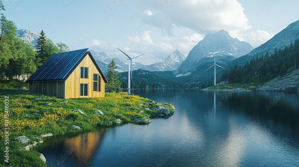 Fototapeta premium Energy-efficient setup with solar panels and wind turbines near a river 