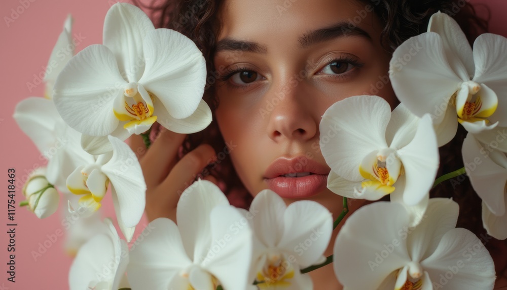 Naklejka premium A young woman with curly hair gazes softly at the camera, framed by lush white orchids against a pastel pink background. The image captures a moment of tranquility and elegance, highlighting the