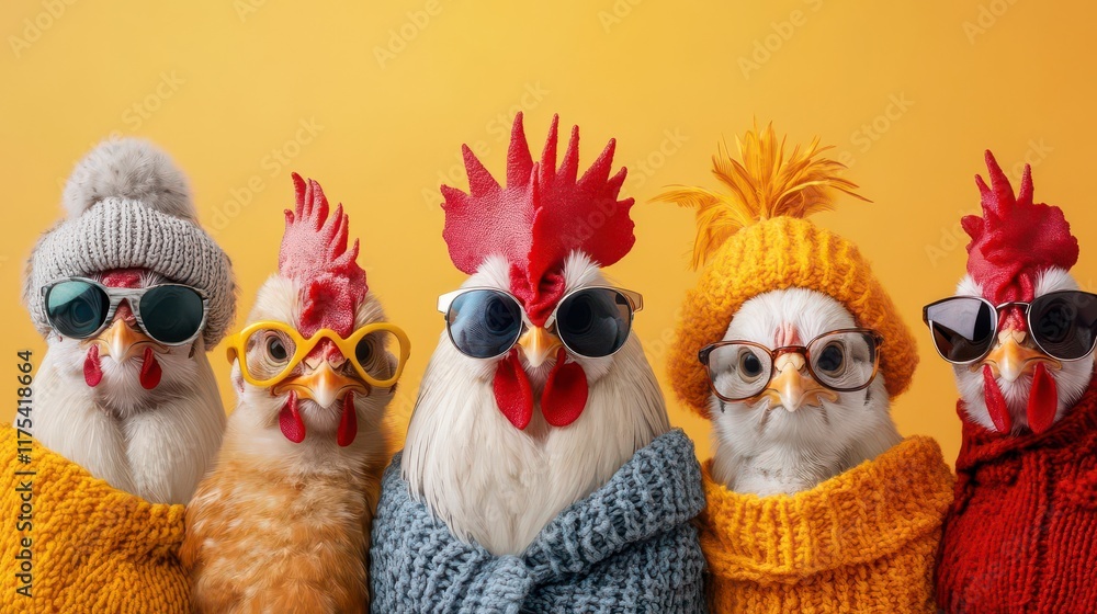 Fototapeta premium Five fashionable roosters posing in knitwear and shades against a vibrant yellow backdrop.