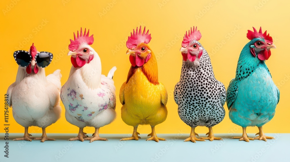 Fototapeta premium Five fashionable chickens strut their stuff on a yellow backdrop; a vibrant, quirky scene!