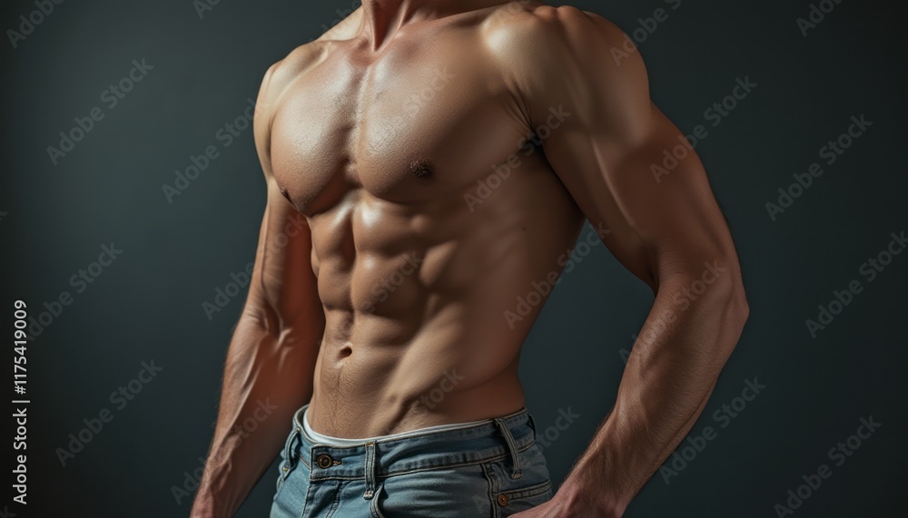 Fototapeta premium A muscular man stands confidently, highlighting his sculpted abs and toned arms against a dark backdrop. The image captures the essence of fitness and determination, emphasizing the hard work behind