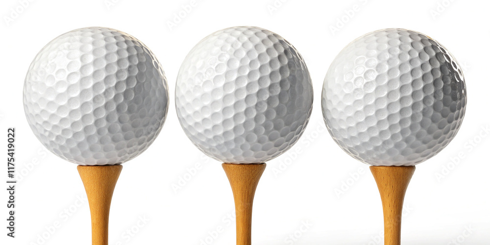 Professional Golf Balls on a Tee Isolated on a White Background for Sports Photography