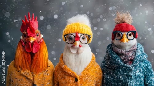Cozy chickens in winter hats and coats!  A snowy, heartwarming scene.