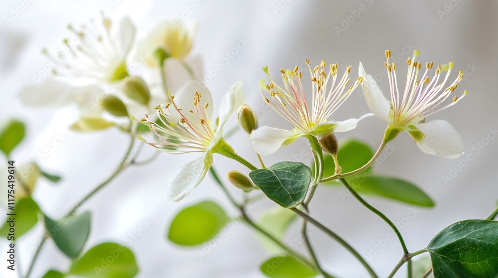 Fototapeta premium Close up of caper bush flowers in bloom, isolated white linen background with soft lighting