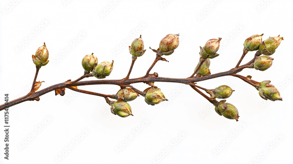 Isolated caper bush with detailed buds, surrounded by rusted iron garden ornaments Isolated caper bush with detailed buds, surrounded by rusted iron garden ornaments