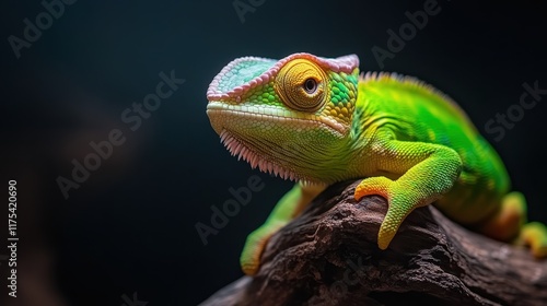 This image captures a green and yellow chameleon in all its glory, perched gracefully on a wooden branch, revealing its intricate natural beauty. photo