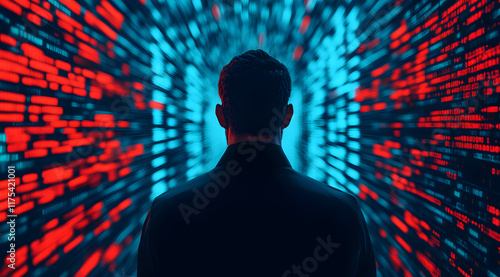 A silhouette of a person stands in a vibrant tunnel of red and blue digital patterns, symbolizing technology and data flow.
