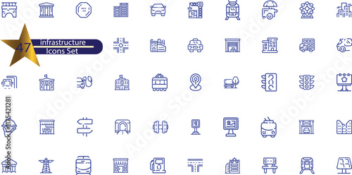 Infrastructure web icons in line style. Transport, road, mall, airport, police, school,