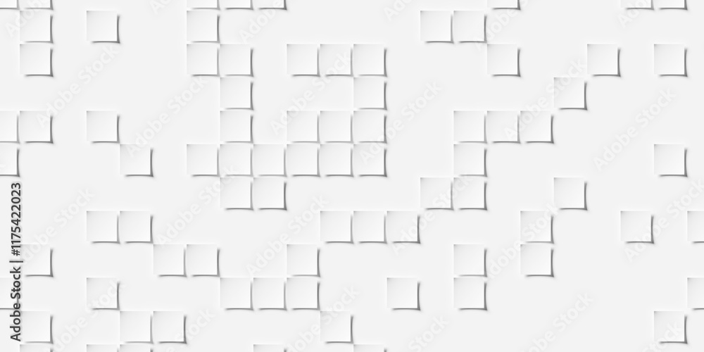 Obraz premium Grid of small white bend squares or planes geometry background wallpaper banner sparsely scattered, flat lay