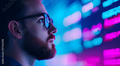 A focused individual with glasses gazes at glowing digital screens, immersed in technology and data.