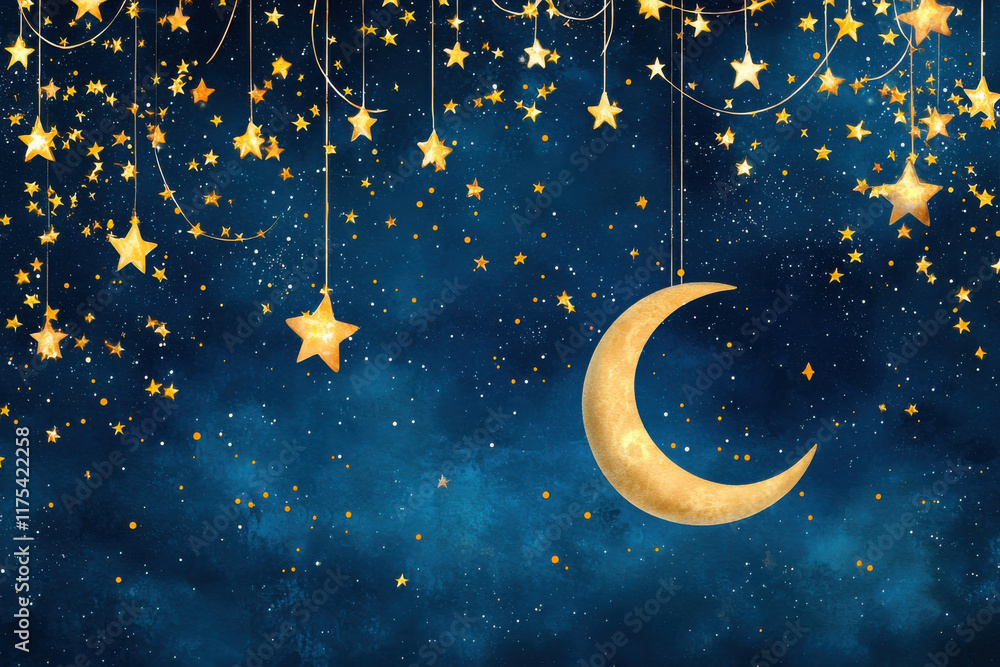Naklejka premium dreamy night sky filled with golden stars and crescent moon, creating magical atmosphere. Perfect for backgrounds or themed designs