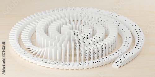 Obraz na plátně Spiral of falling white domino stones on wooden table background, domino effect