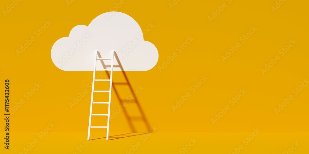 White stepladder leaning against white cloud shape on orange wall, business succes or achievement concept White stepladder leaning against white cloud shape on orange wall, business succes or achievement concept