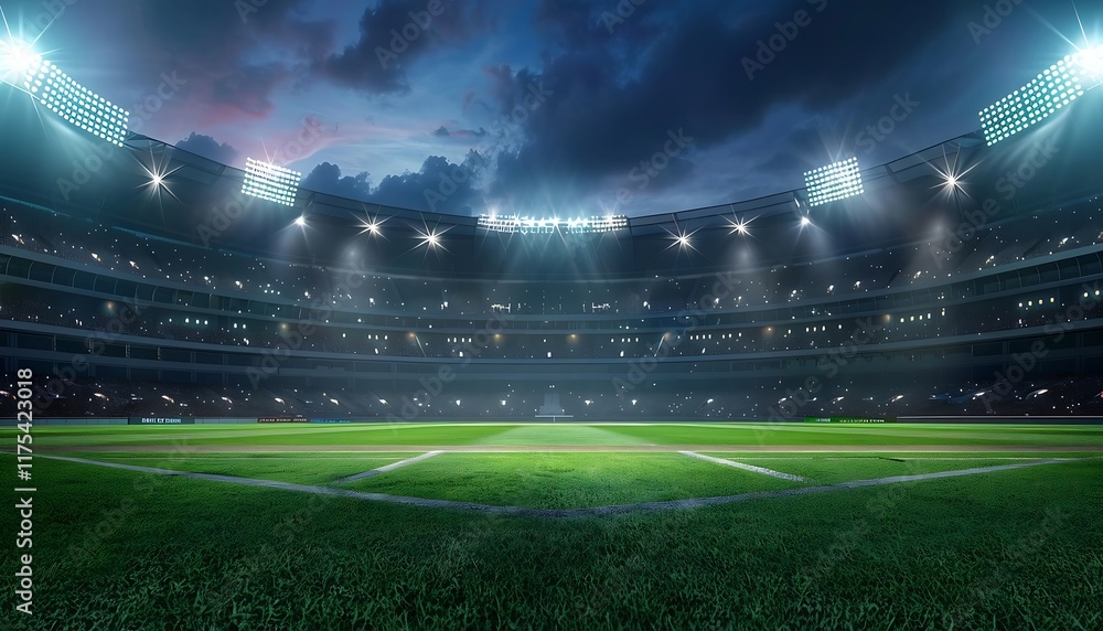 Fototapeta premium Soccer field at night with lights in the stadium