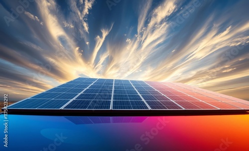 Solar panel array, dramatic sky, colorful sunset, vibrant clouds, radiant sunbeams, futuristic energy technology, renewable power, environmental sustainability, electric blue reflection, golden hour l photo