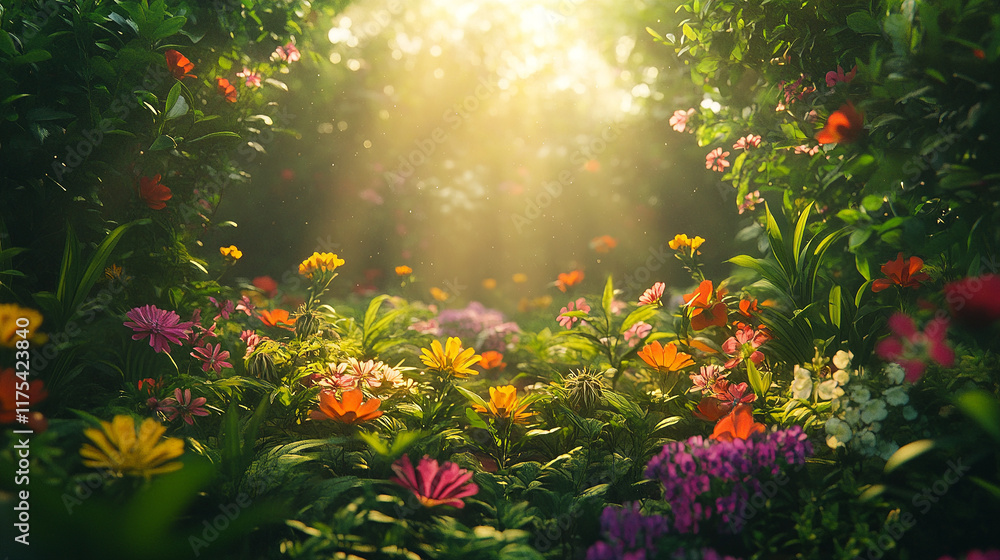 A vibrant garden in soft sunlight with colorful flowers blooming, surrounded by lush green foliage, creating a serene and magical atmosphere. A vibrant garden in soft sunlight with colorful flowers blooming, surrounded by lush green foliage, creating a serene and magical atmosphere.