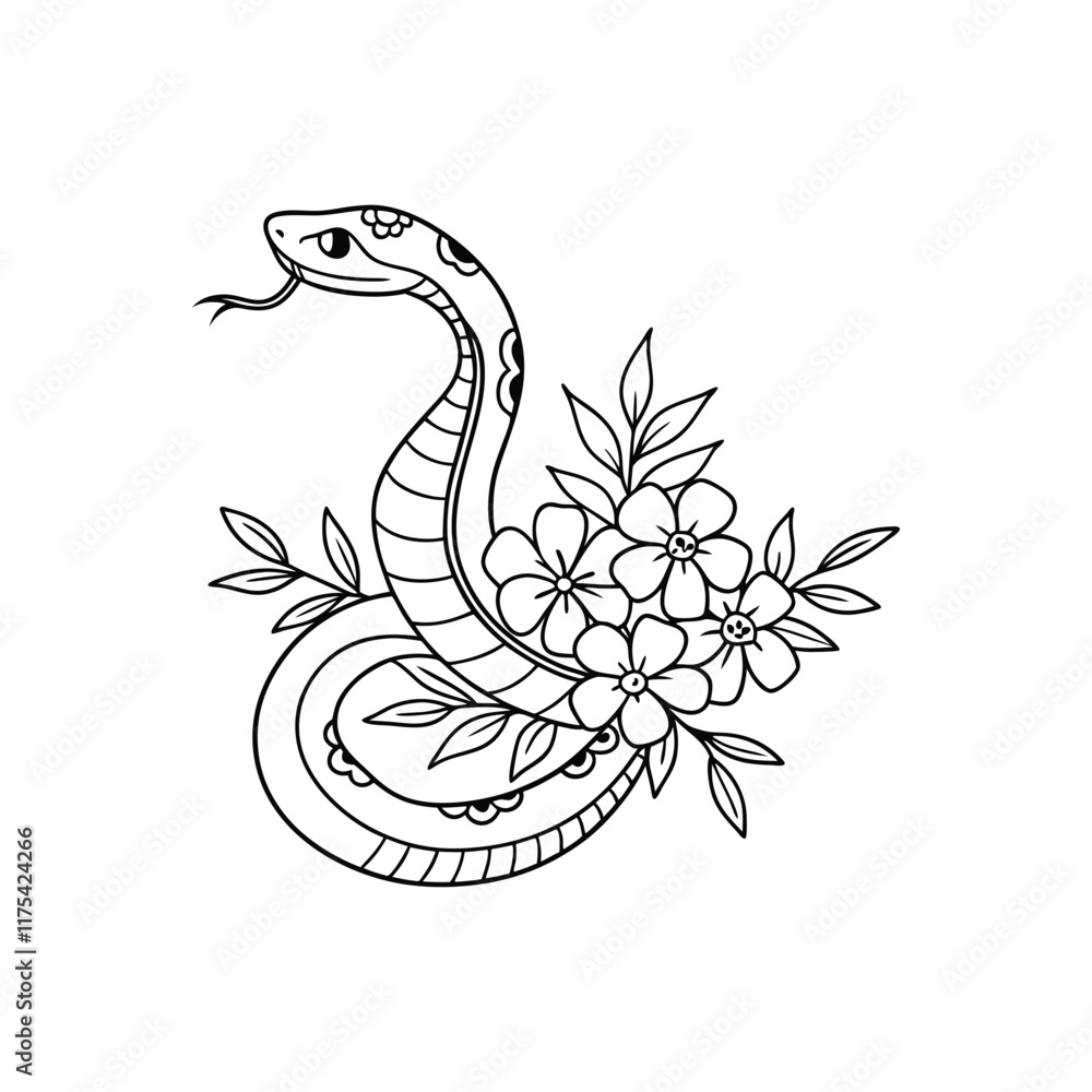 Hand drawing outline snake with flowers. Hand drawing outline snake with flowers.