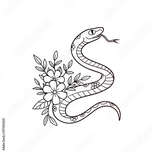 Hand drawing outline snake with flowers.