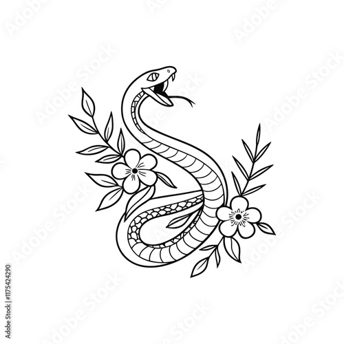 Hand drawing outline snake with flowers.