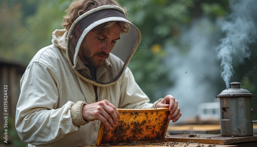 A focused young man in a protective beekeeping suit examines a honeycomb frame, surrounded by nature. The scene captures the harmony between humans and bees, highlighting the intricate beauty of A focused young man in a protective beekeeping suit examines a honeycomb frame, surrounded by nature. The scene captures the harmony between humans and bees, highlighting the intricate beauty of