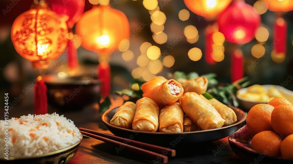 Fototapeta premium Vibrant Chinese New Year Celebration with Delicious Dishes
