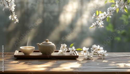 Tranquil Spring Tea Ceremony: Blooming Cherry Blossoms and a Steaming Cup of Tea