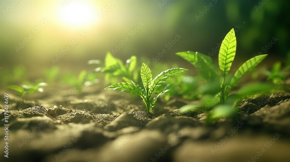 A visual depiction of biodiversity with green plants and small animals thriving in a crackedearth setting, hopeful and detailed A visual depiction of biodiversity with green plants and small animals thriving in a crackedearth setting, hopeful and detailed